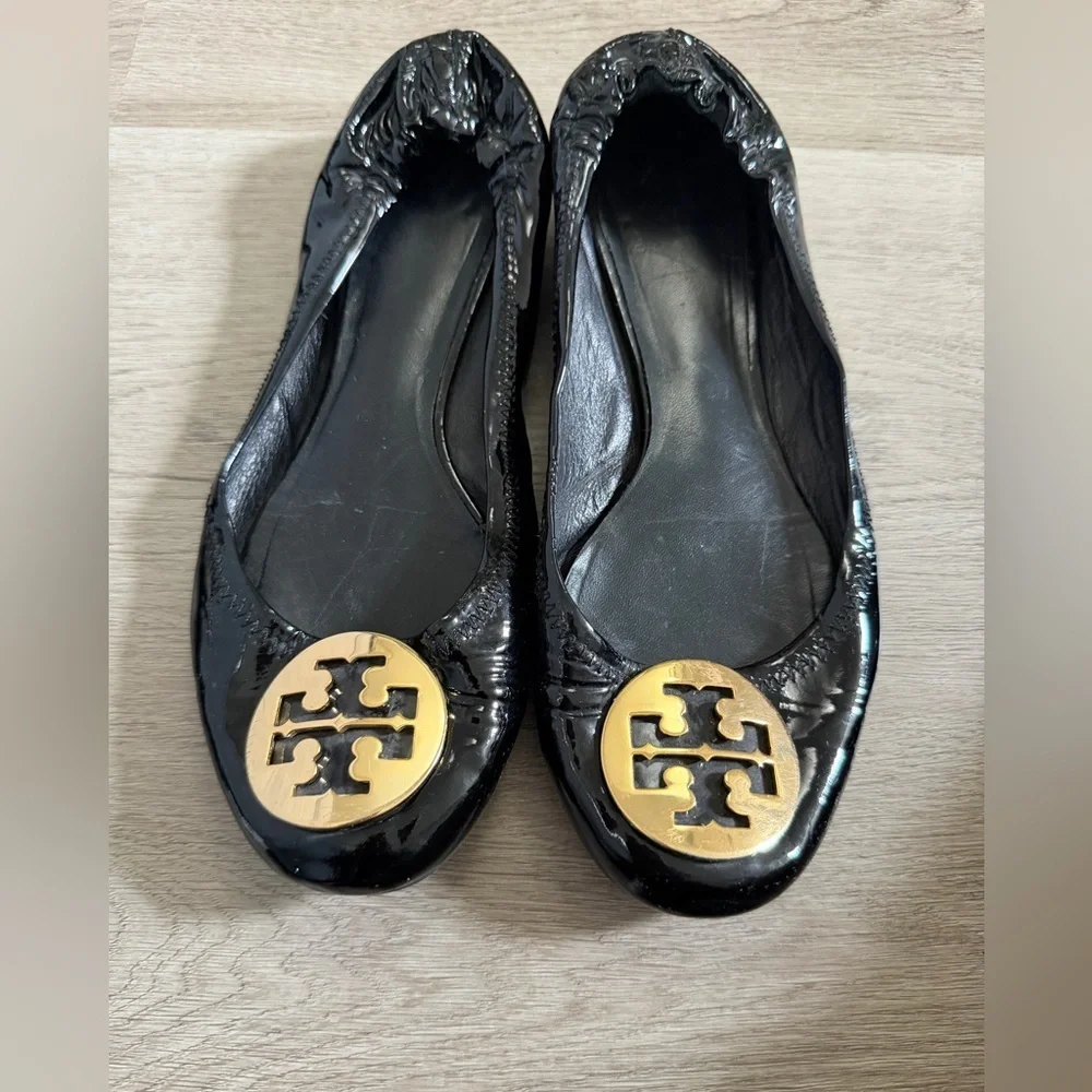 Tory Burch Black Patent Leather Logo Ballet Flats with Gold Emblem
